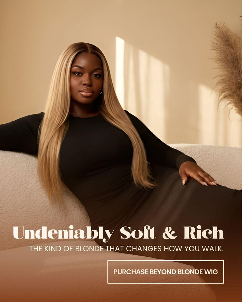 Woman with long blonde wig sitting on a couch with text about the wig's softness and richness.