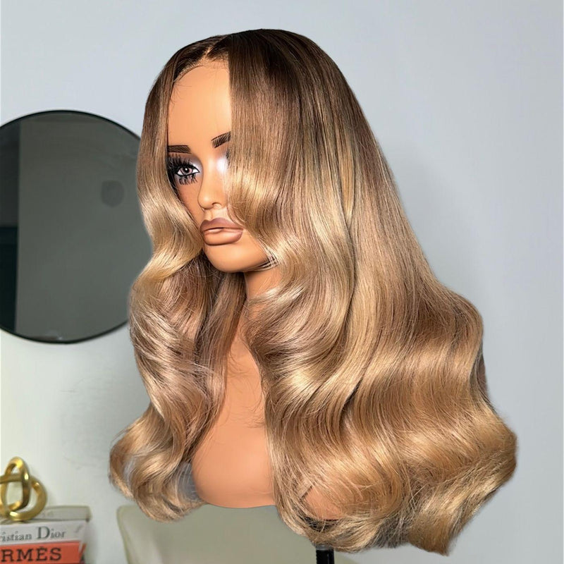 luxury Blonde wig on a mannequin head neutral background